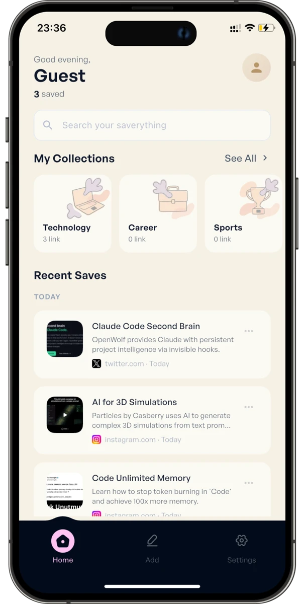 Saverything app showing organized collections of saved content