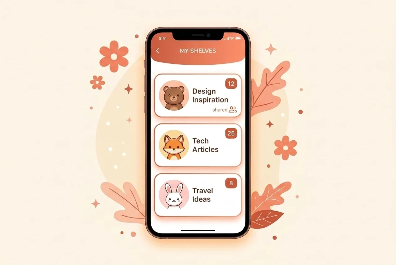 マイシェルフ画面 — マスコットアバター付きの名前付きコレクション